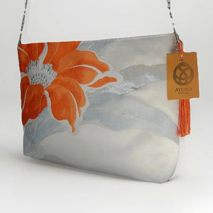 Vintage Fukuro Obi Shoulder Bag — Orange Floral Motif on Silver Silk