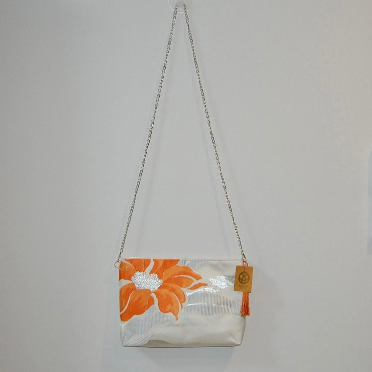 Vintage Fukuro Obi Shoulder Bag — Orange Floral Motif on Silver Silk