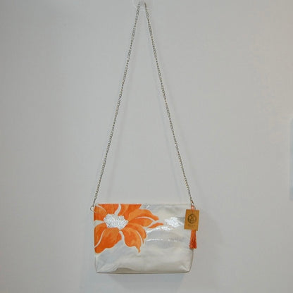 Vintage Fukuro Obi Shoulder Bag — Orange Floral Motif on Silver Silk