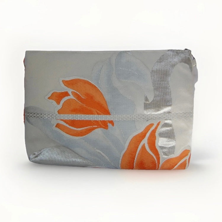 Vintage Fukuro Obi Shoulder Bag — Orange Floral Motif on Silver Silk