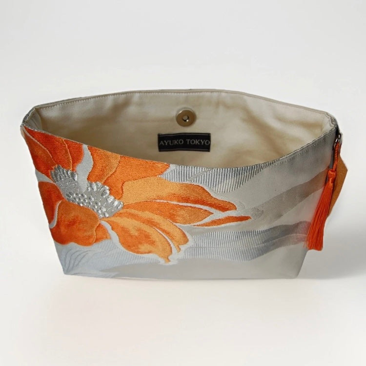 Vintage Fukuro Obi Shoulder Bag — Orange Floral Motif on Silver Silk