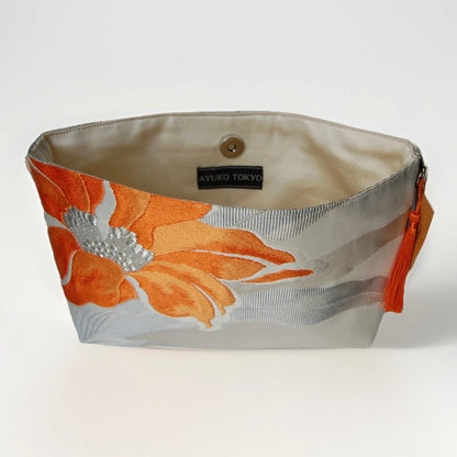 Vintage Fukuro Obi Shoulder Bag — Orange Floral Motif on Silver Silk