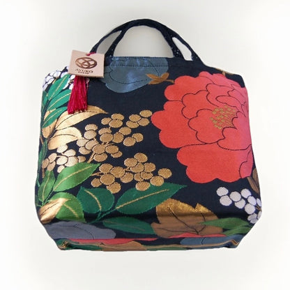 Vintage Fukuro Obi Mini Tote Bag — Red Peony on Black Silk