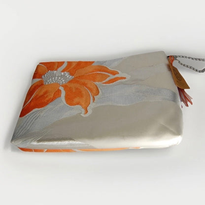Vintage Fukuro Obi Shoulder Bag — Orange Floral Motif on Silver Silk