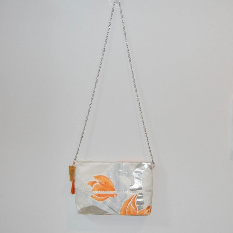 Vintage Fukuro Obi Shoulder Bag — Orange Floral Motif on Silver Silk
