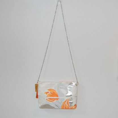 Vintage Fukuro Obi Shoulder Bag — Orange Floral Motif on Silver Silk
