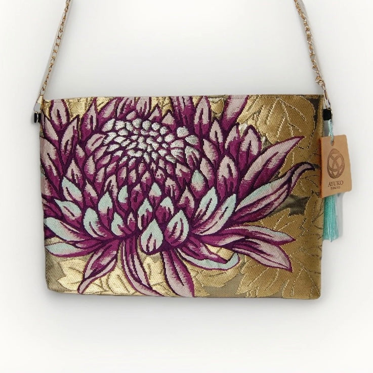 Vintage Fukuro Obi Shoulder Bag — Purple Chrysanthemum on Gold Silk