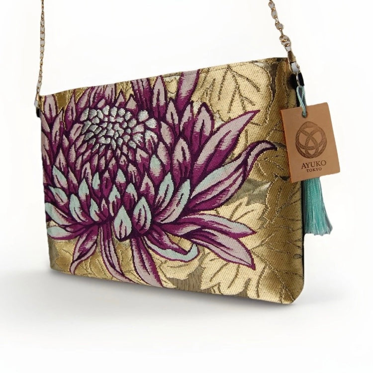 Vintage Fukuro Obi Shoulder Bag — Purple Chrysanthemum on Gold Silk
