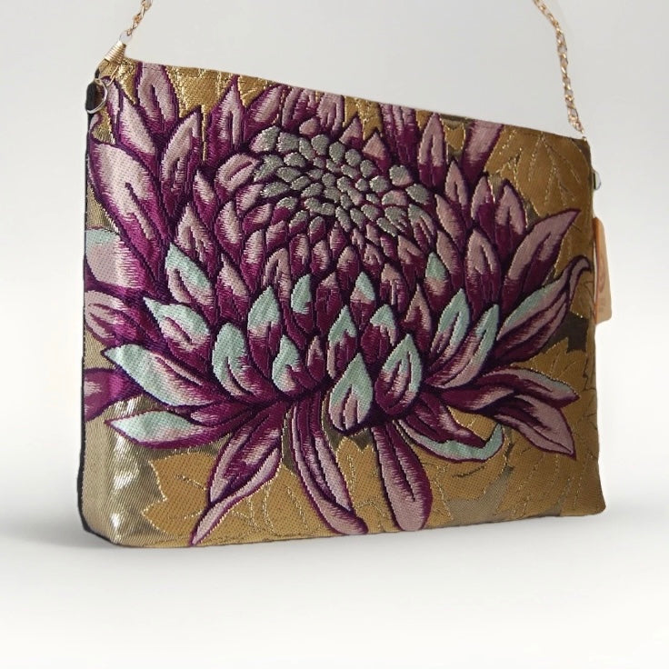 Vintage Fukuro Obi Shoulder Bag — Purple Chrysanthemum on Gold Silk