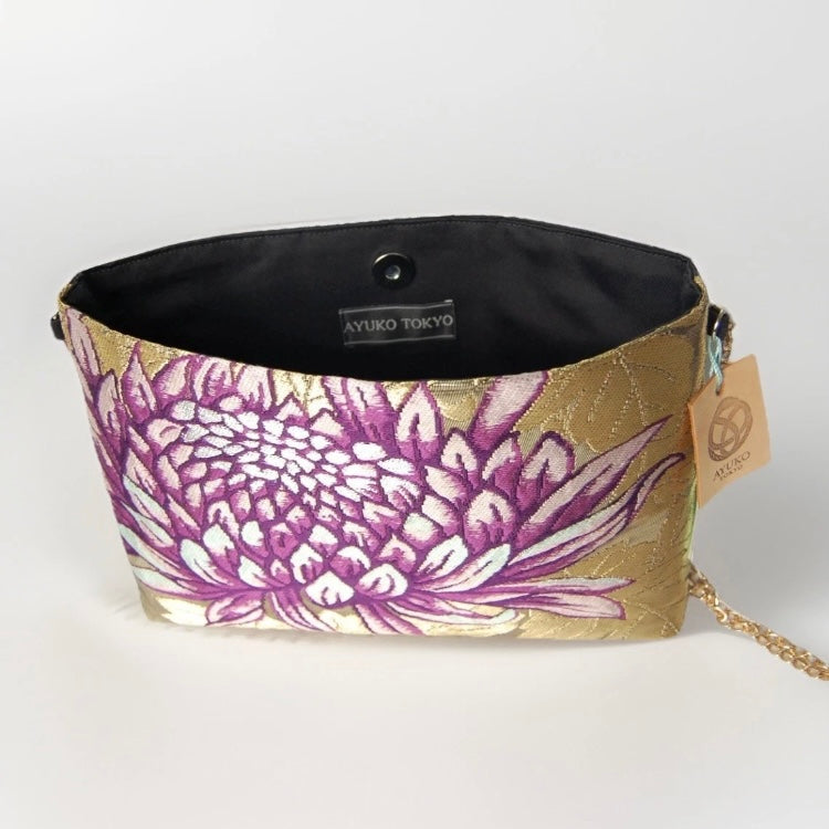 Vintage Fukuro Obi Shoulder Bag — Purple Chrysanthemum on Gold Silk