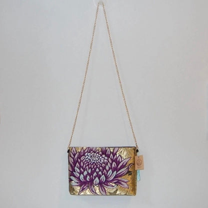 Vintage Fukuro Obi Shoulder Bag — Purple Chrysanthemum on Gold Silk