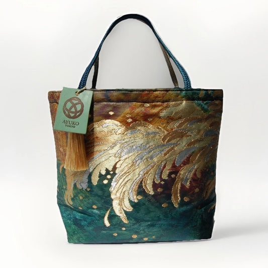 Vintage Fukuro Obi Mini Tote Bag — Emerald & Gold Tatsu-Nami Wave on Silk
