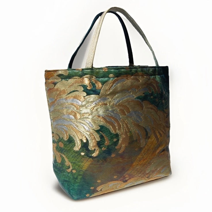 Vintage Fukuro Obi Mini Tote Bag — Emerald & Gold Tatsu-Nami Wave on Silk