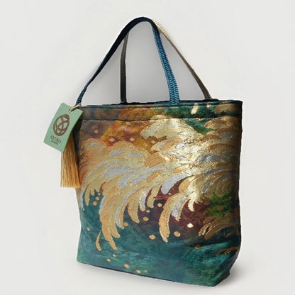Vintage Fukuro Obi Mini Tote Bag — Emerald & Gold Tatsu-Nami Wave on Silk