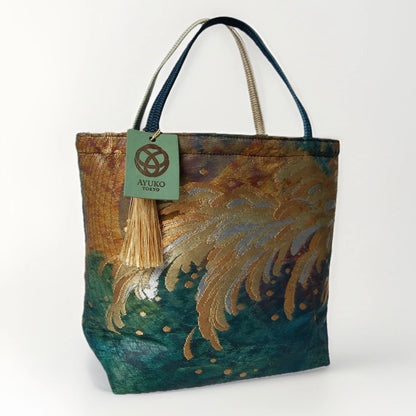 Vintage Fukuro Obi Mini Tote Bag — Emerald & Gold Tatsu-Nami Wave on Silk