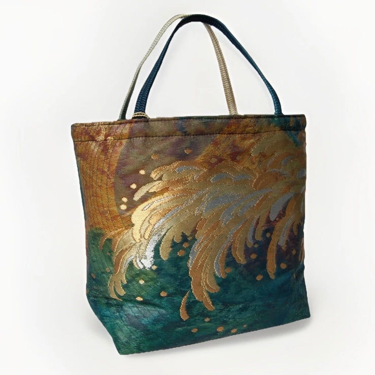 Vintage Fukuro Obi Mini Tote Bag — Emerald & Gold Tatsu-Nami Wave on Silk