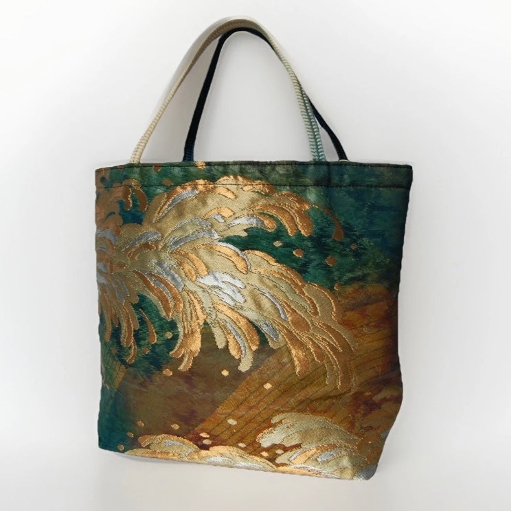 Vintage Fukuro Obi Mini Tote Bag — Emerald & Gold Tatsu-Nami Wave on Silk
