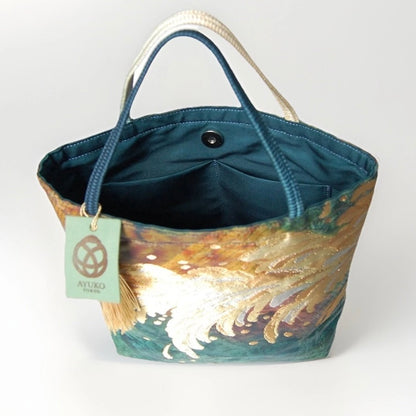 Vintage Fukuro Obi Mini Tote Bag — Emerald & Gold Tatsu-Nami Wave on Silk