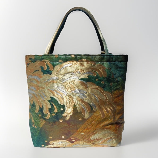 Vintage Fukuro Obi Mini Tote Bag — Emerald & Gold Tatsu-Nami Wave on Silk