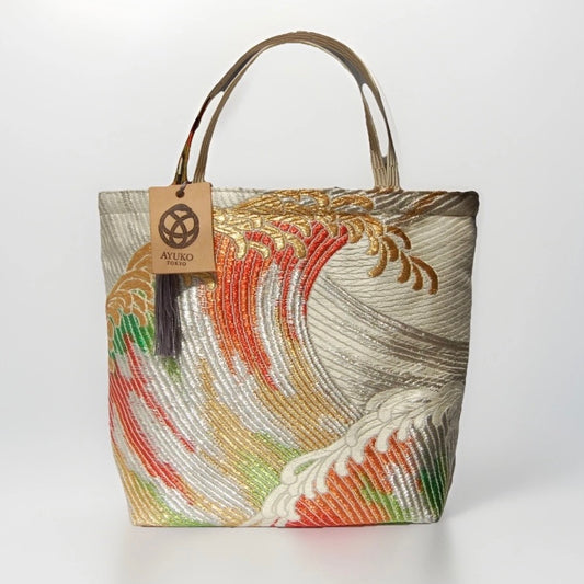 Vintage Fukuro Obi Mini Tote Bag — Multicolor Tatsu-Nami Wave on Silver Silk