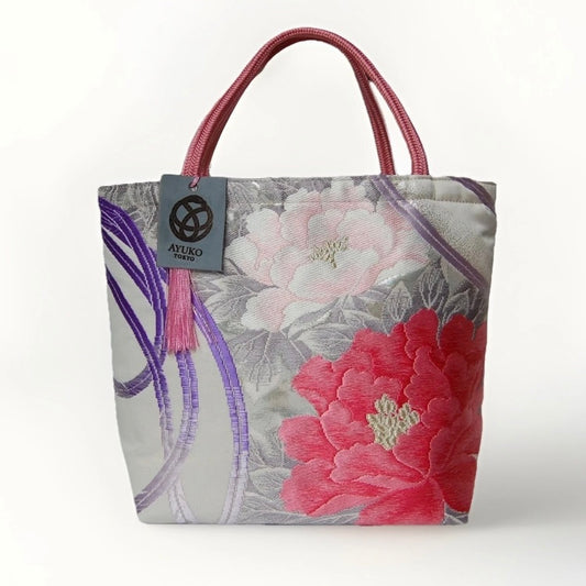 Vintage Fukuro Obi Mini Tote Bag — Peony & Peacock Feather on Silver Silk