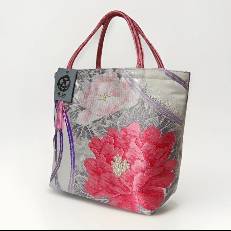 Vintage Fukuro Obi Mini Tote Bag — Peony & Peacock Feather on Silver Silk