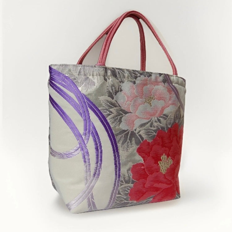 Vintage Fukuro Obi Mini Tote Bag — Peony & Peacock Feather on Silver Silk