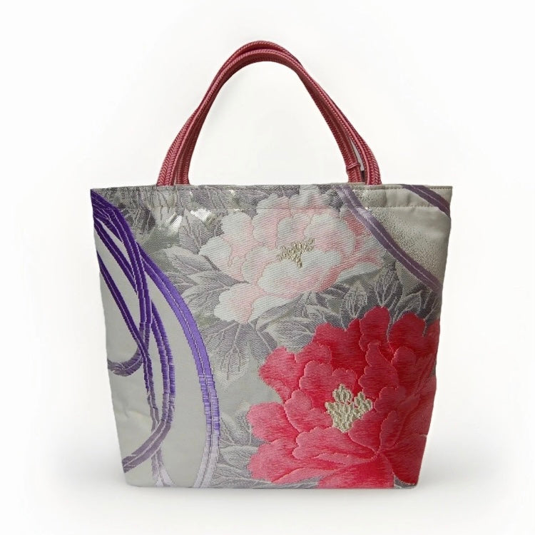 Vintage Fukuro Obi Mini Tote Bag — Peony & Peacock Feather on Silver Silk