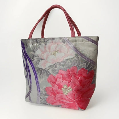 Vintage Fukuro Obi Mini Tote Bag — Peony & Peacock Feather on Silver Silk