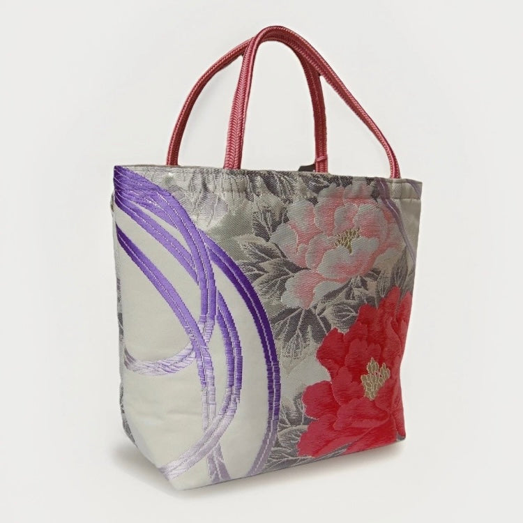 Vintage Fukuro Obi Mini Tote Bag — Peony & Peacock Feather on Silver Silk