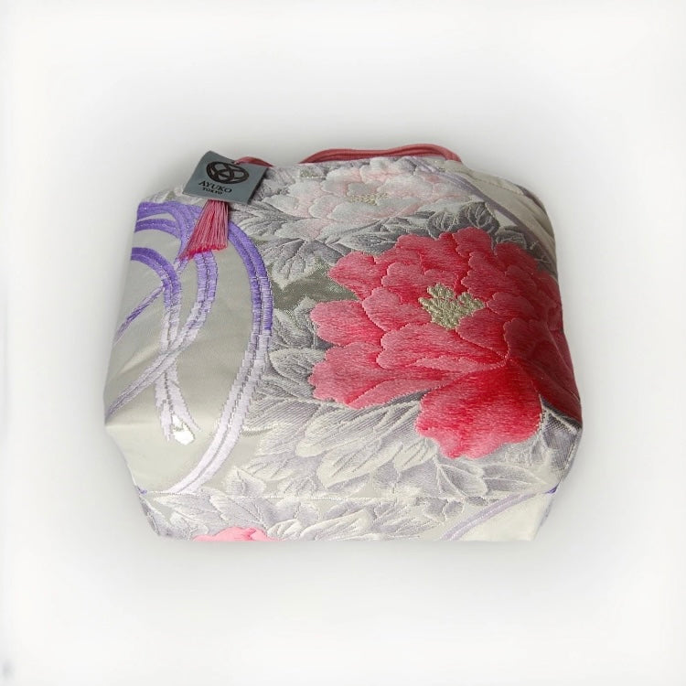 Vintage Fukuro Obi Mini Tote Bag — Peony & Peacock Feather on Silver Silk