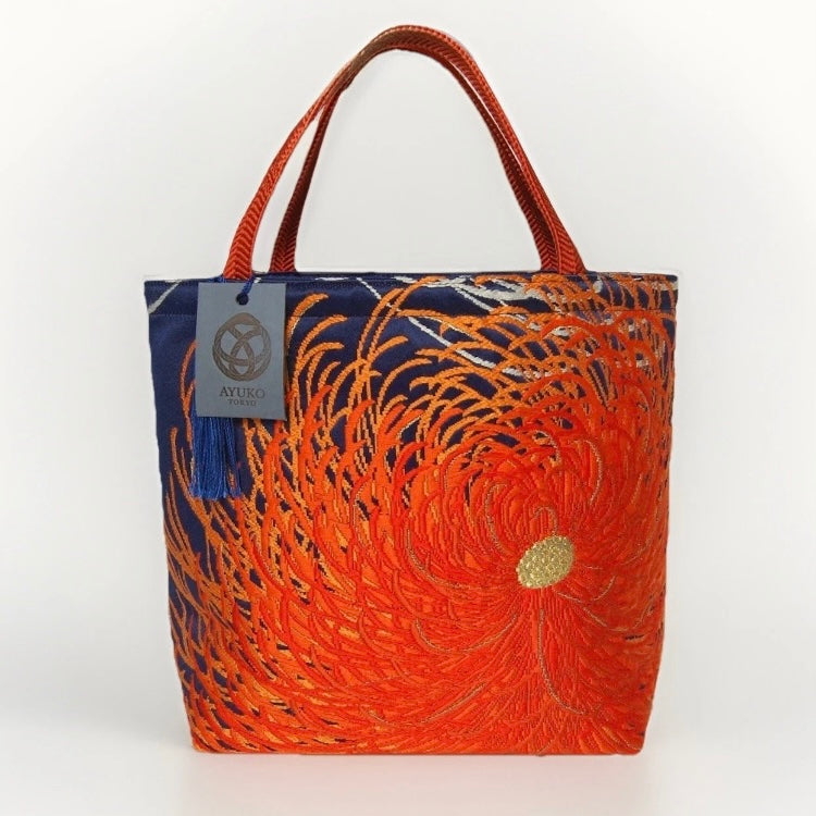 Rangiku 乱菊 Chrysanthemum Vintage Obi Silk Tote in Indigo Orange