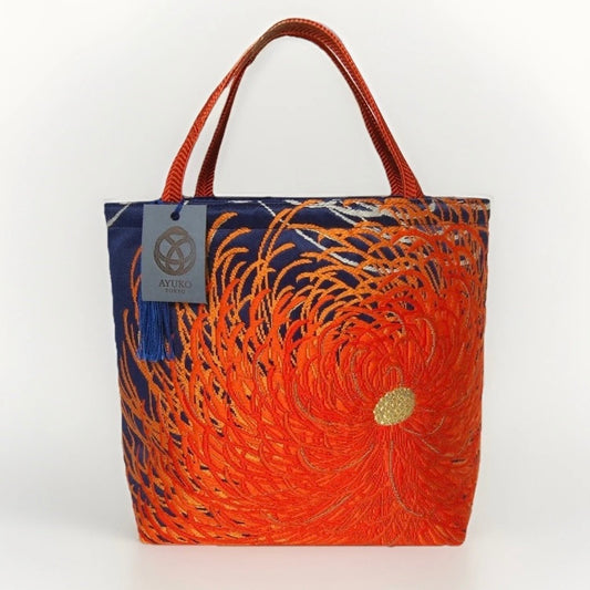 Rangiku 乱菊 Chrysanthemum Vintage Obi Silk Tote in Indigo Orange