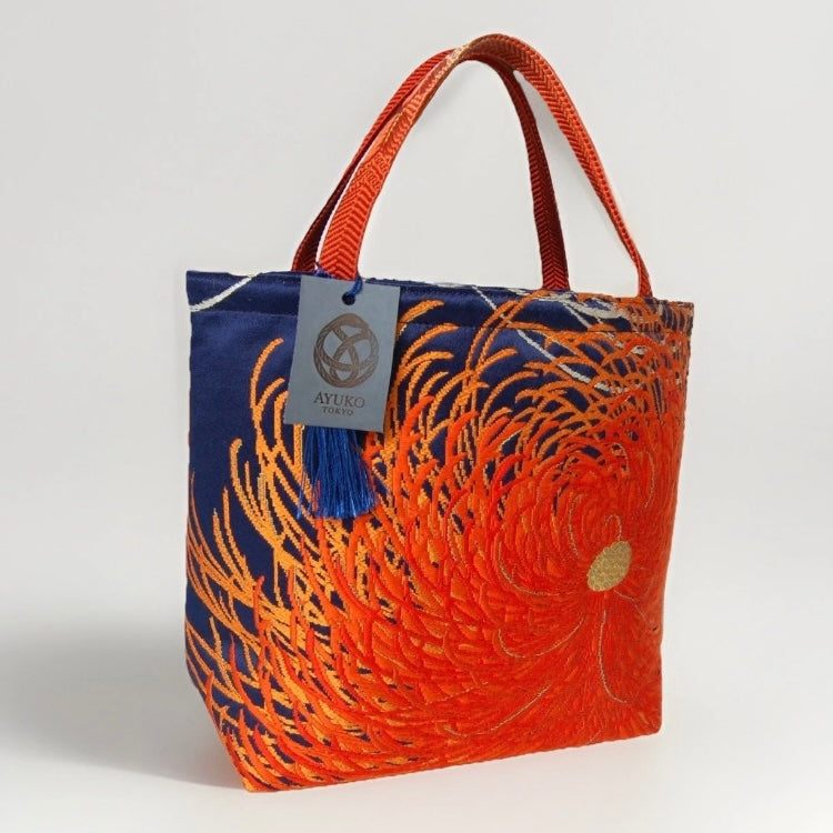 Rangiku 乱菊 Chrysanthemum Vintage Obi Silk Tote in Indigo Orange