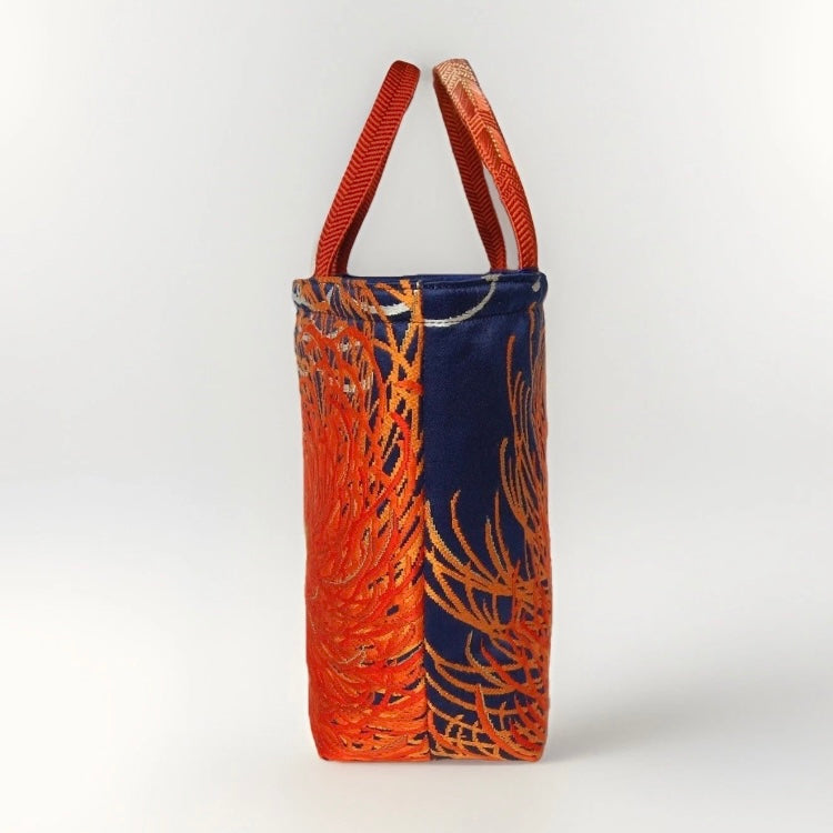 Rangiku 乱菊 Chrysanthemum Vintage Obi Silk Tote in Indigo Orange