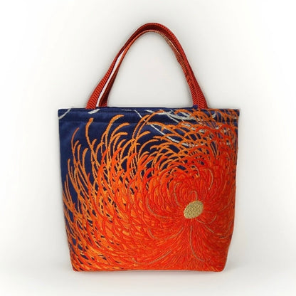 Rangiku 乱菊 Chrysanthemum Vintage Obi Silk Tote in Indigo Orange