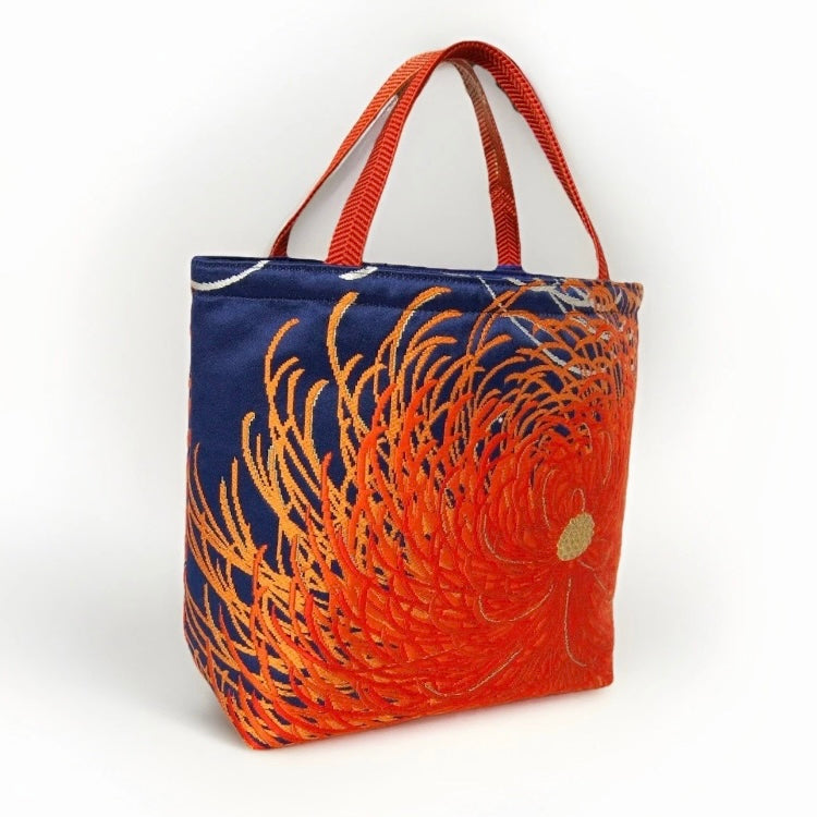 Rangiku 乱菊 Chrysanthemum Vintage Obi Silk Tote in Indigo Orange