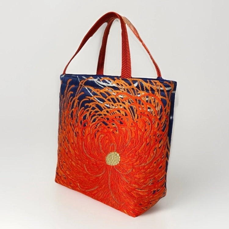 Rangiku 乱菊 Chrysanthemum Vintage Obi Silk Tote in Indigo Orange
