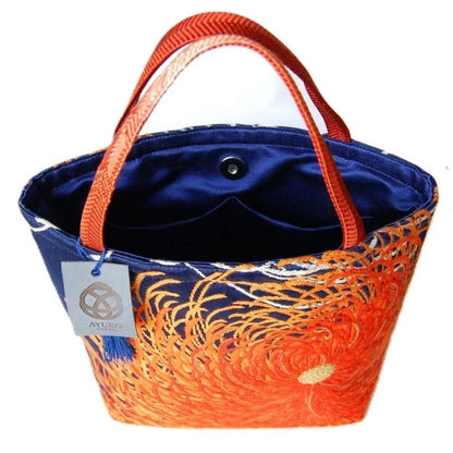 Rangiku 乱菊 Chrysanthemum Vintage Obi Silk Tote in Indigo Orange
