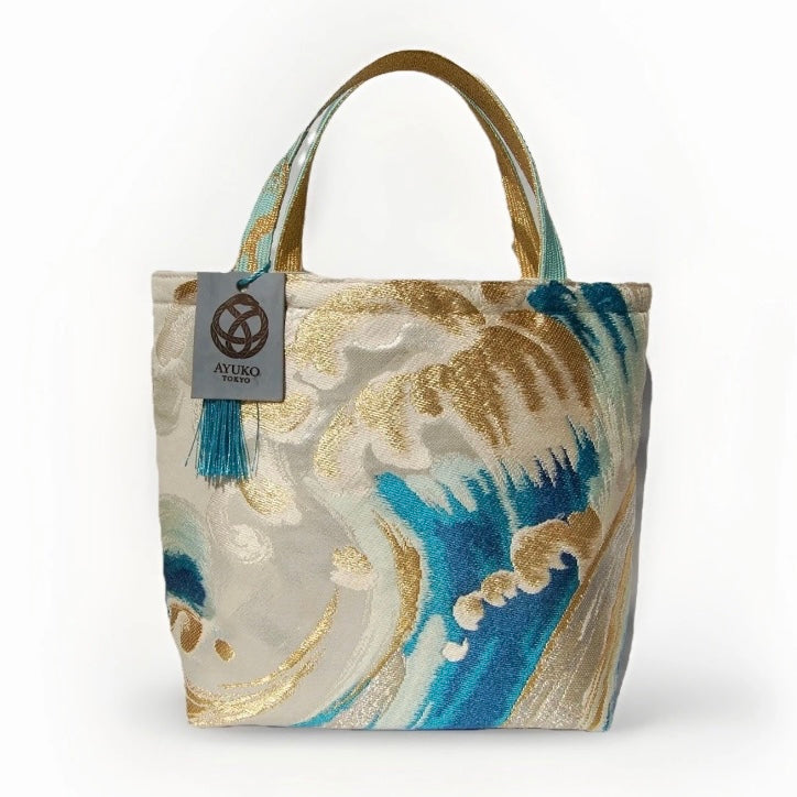 Vintage Nishijin Obi Mini Tote Bag — Turquoise & Gold Standing Wave on Silver Silk