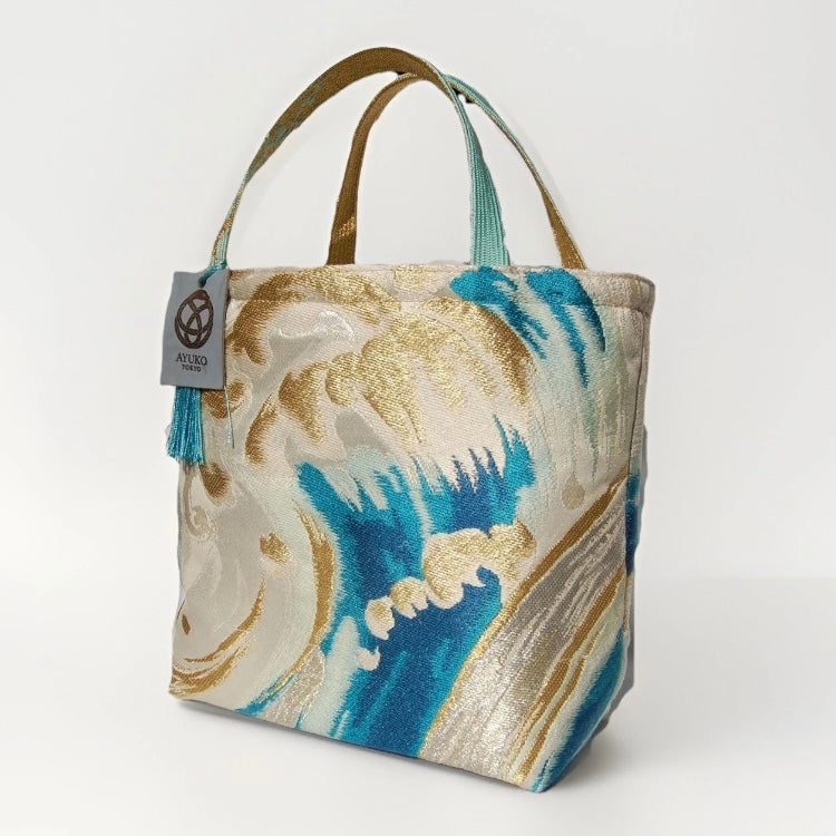 Vintage Nishijin Obi Mini Tote Bag — Turquoise & Gold Standing Wave on Silver Silk