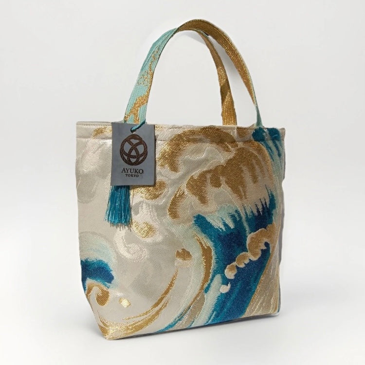 Vintage Nishijin Obi Mini Tote Bag — Turquoise & Gold Standing Wave on Silver Silk