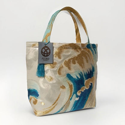Vintage Nishijin Obi Mini Tote Bag — Turquoise & Gold Standing Wave on Silver Silk