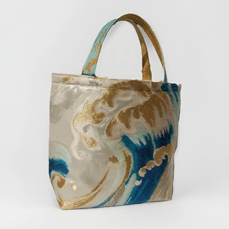 Vintage Nishijin Obi Mini Tote Bag — Turquoise & Gold Standing Wave on Silver Silk