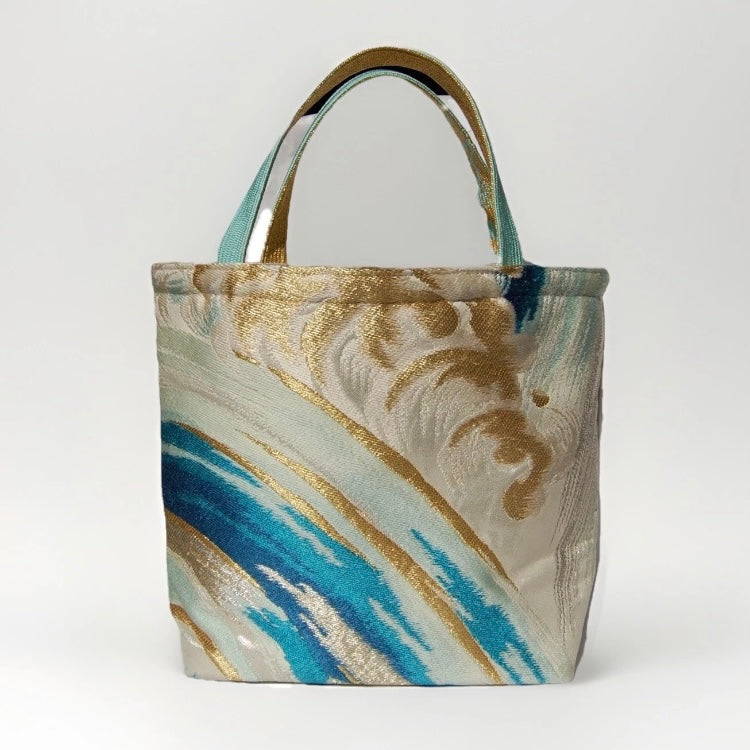 Vintage Nishijin Obi Mini Tote Bag — Turquoise & Gold Standing Wave on Silver Silk