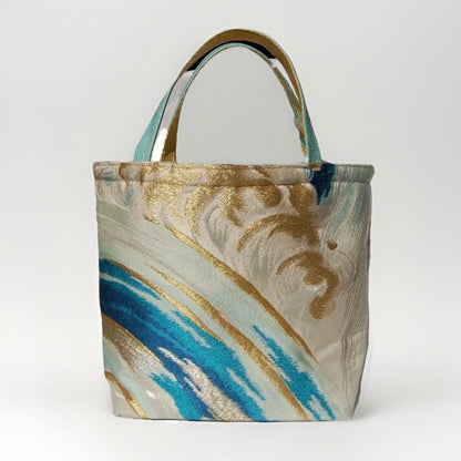 Vintage Nishijin Obi Mini Tote Bag — Turquoise & Gold Standing Wave on Silver Silk