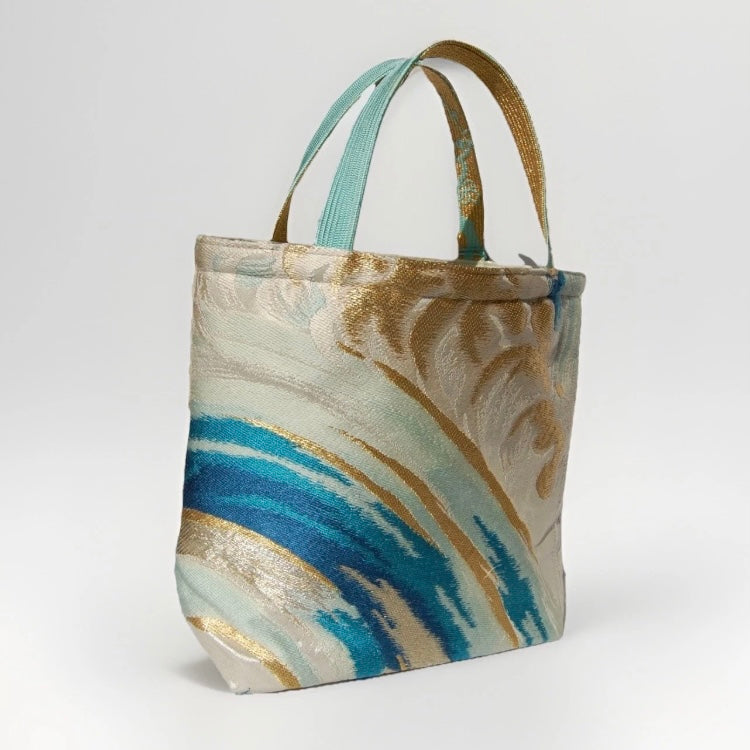 Vintage Nishijin Obi Mini Tote Bag — Turquoise & Gold Standing Wave on Silver Silk