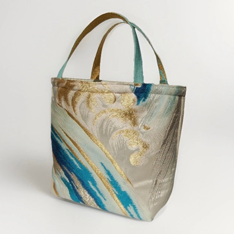 Vintage Nishijin Obi Mini Tote Bag — Turquoise & Gold Standing Wave on Silver Silk