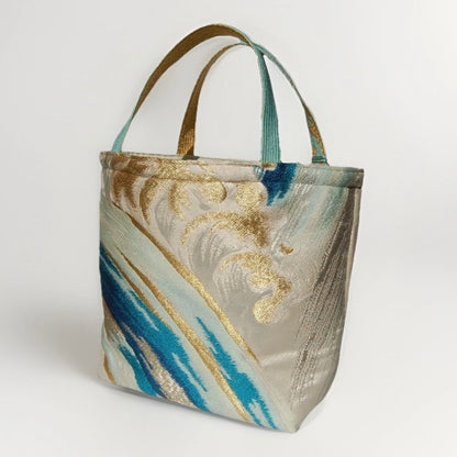 Vintage Nishijin Obi Mini Tote Bag — Turquoise & Gold Standing Wave on Silver Silk
