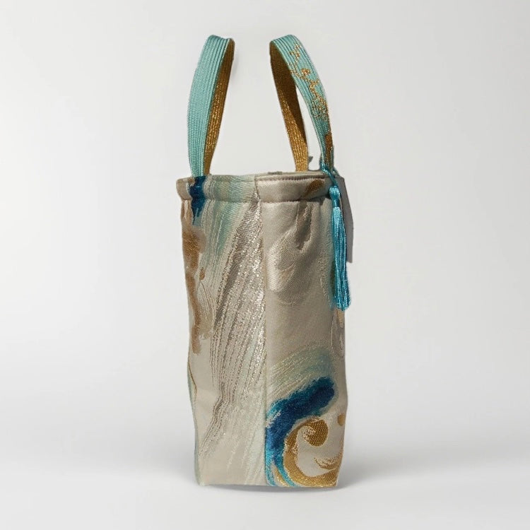Vintage Nishijin Obi Mini Tote Bag — Turquoise & Gold Standing Wave on Silver Silk